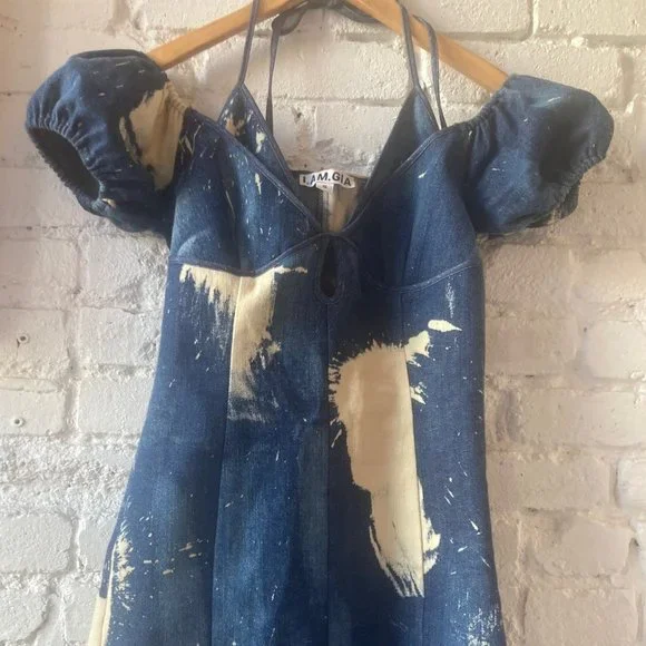 I.AM.GIA | Dresses | Iamgia Halter Toppuff Sleeve Denim Tie Dye Dress Small  | Poshmark